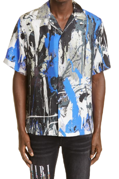 Miri Paint Splatter Button-Up Silk Camp Shirt